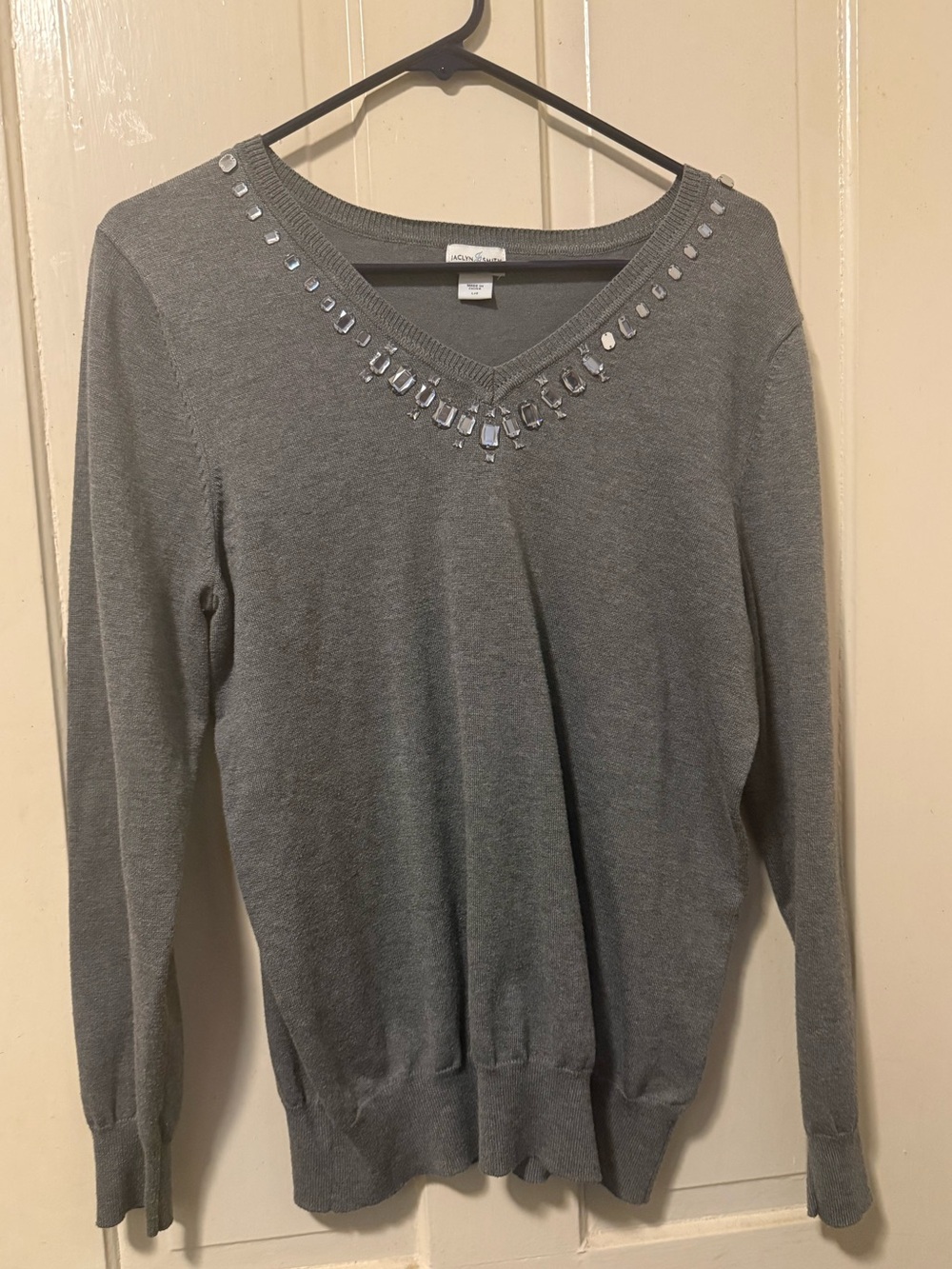 Gray V-Neck Sweater with Silver Gem Accents